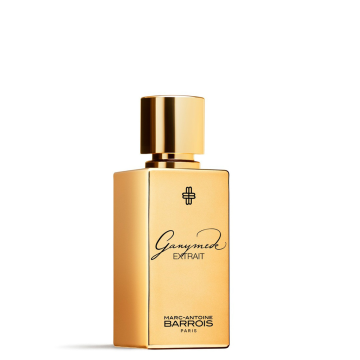 Ganymede Extrait 50ml perfume bottle shown from the side, highlighting its elegant design with a clear glass container and a minimalist label.