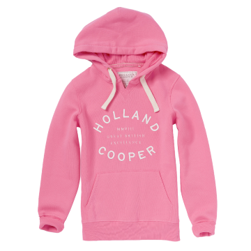 pink hoodie with Holland Cooper logo on front 